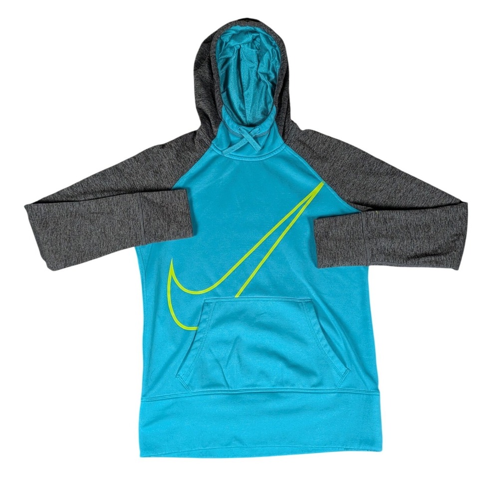 Nike Therma-FIT Teal Grey Pullover Hoodie Neon Swoosh Thumbholes 6647